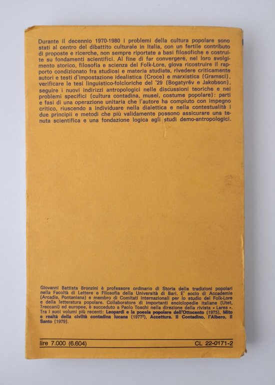 CULTURA POPOLARE DIALETTICA CONTESTUALITÀ di Giovanni Bronzini libro 1980 Dedalo