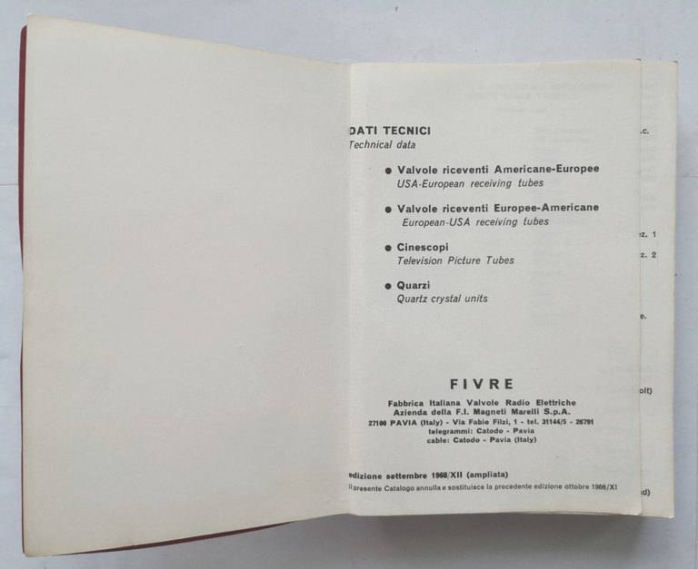 DATI TECNICI catalogo 1968 FIVRE valvole riceventi cinescopi quarzi libro