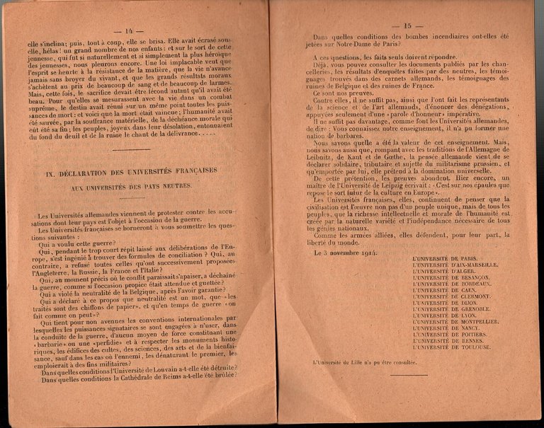 DECLARATIONS DE INSTITUT ET UNIVERSITES FRANCE DU MANIFESTE INTELLECTUELS 1915