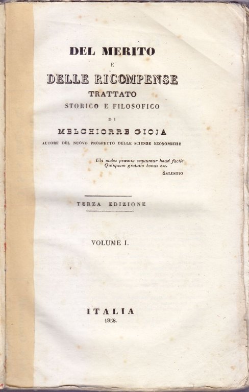 DEL MERITO E DELLE RICOMPENSE Volume I di Melchiorre Gioia …