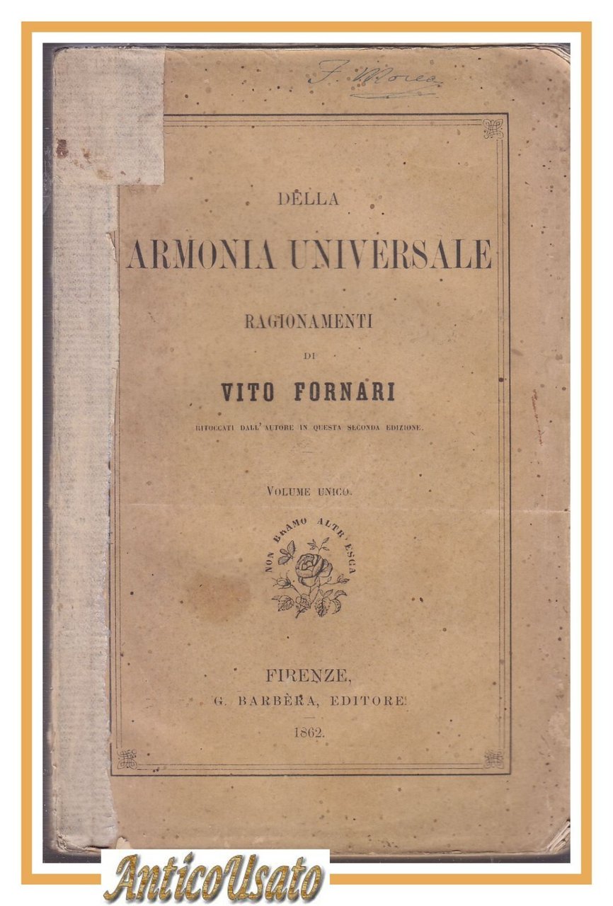 DELLA ARMONIA UNIVERSALE ragionamenti di Vito Fornari 1862 libro filosofia