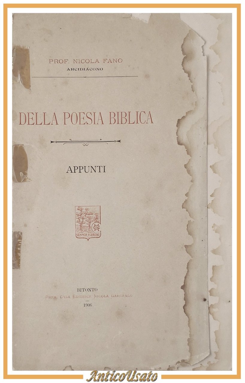 DELLA POESIA BIBLICA di Nicola Fano 1906 Nicola Garofalo Bitonto …