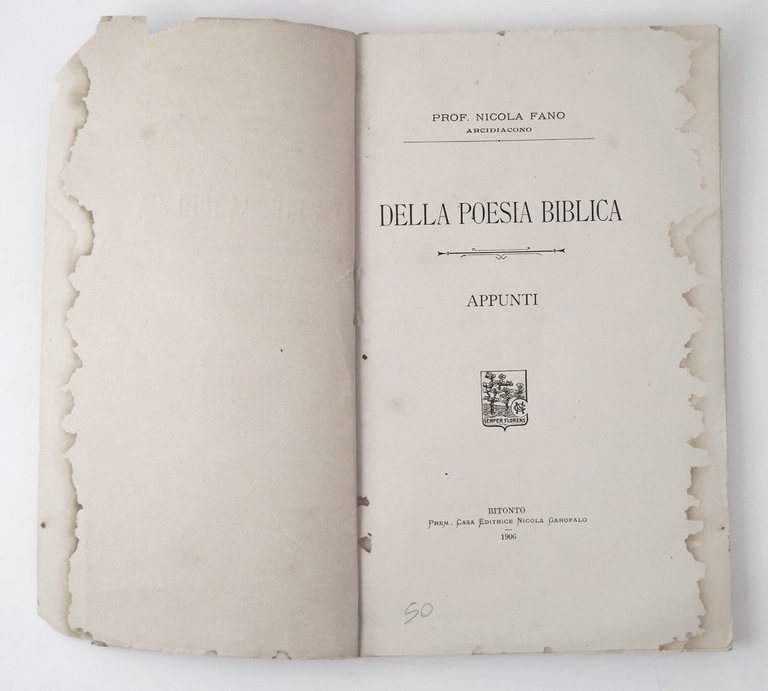 DELLA POESIA BIBLICA di Nicola Fano 1906 Nicola Garofalo Bitonto …