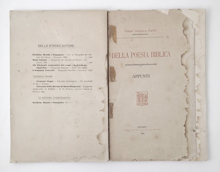 DELLA POESIA BIBLICA di Nicola Fano 1906 Nicola Garofalo Bitonto …