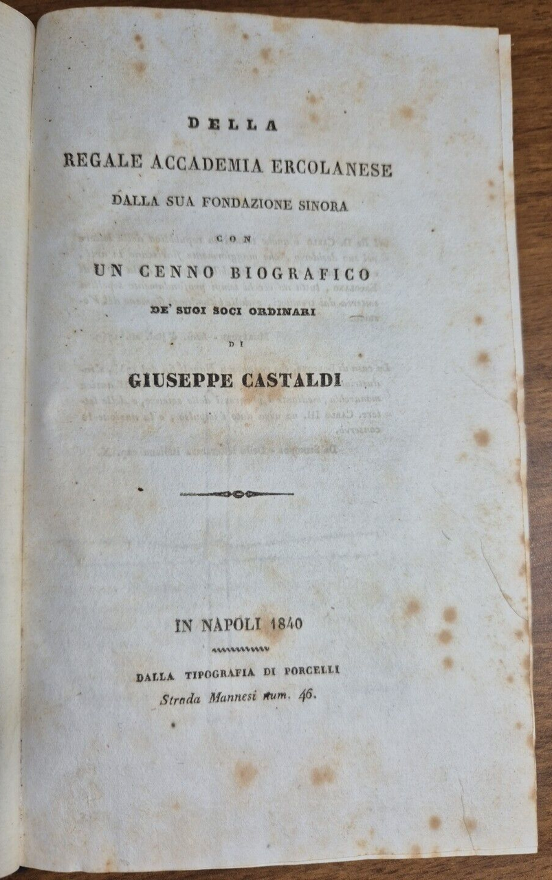 DELLA REGALE ACCADEMIA ERCOLANESE DALLA FONDAZIONE SINORA di Gastaldi 1840 …