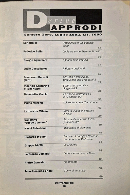 DERIVE APPRODI numero ZERO Luglio 1992 Rivista Negri Berardi Bifo …