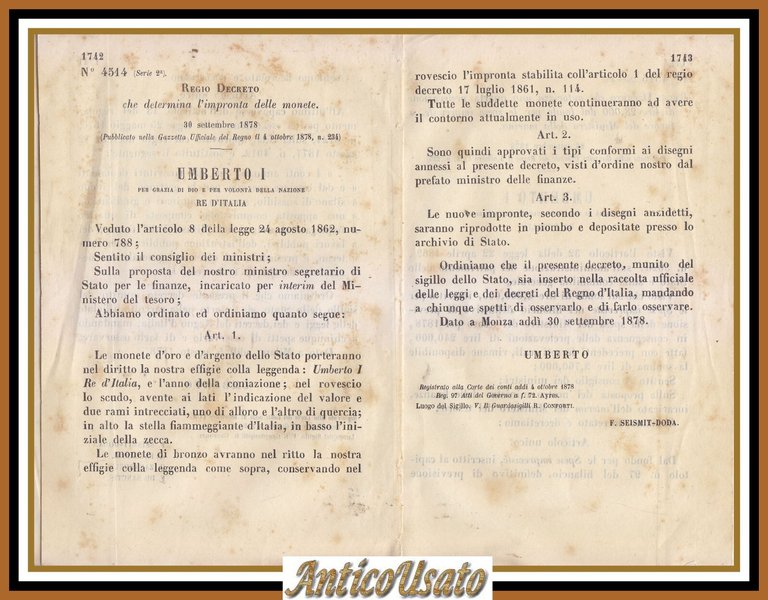 DETERMINA L'IMPRONTA DELLE MONETE di Umberto I REGIO DECRETO 1878 …