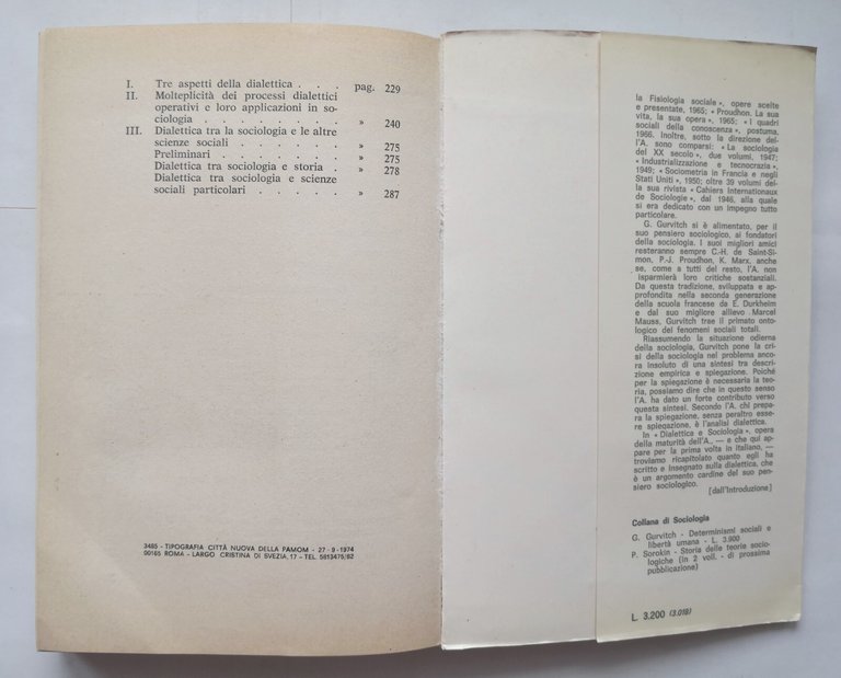 DIALETTICA E SOCIOLOGIA di Georges Gurvitch 1974 Città Nuova Editrice …