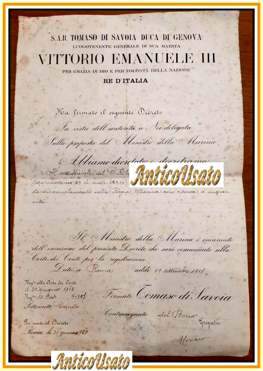 DIPLOMA DECRETO MILITARE MARINA ITALIANA promozione Tenente Macchinista 1918