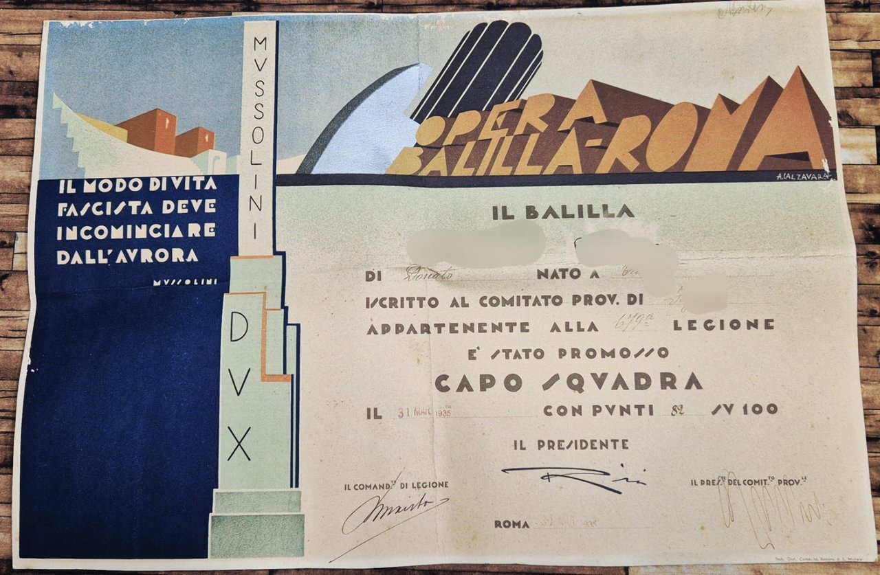 DIPLOMA PROMOZIONE CAPO SQUADRA BALILLA 1935 Illustrato da Calzavara Fascismo | Immagine principale