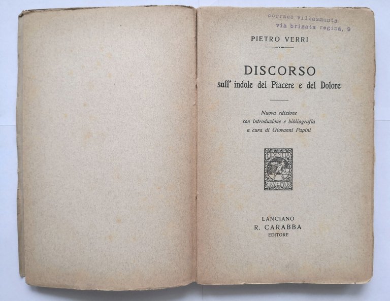 DISCORSO SULL'INDOLE DEL PIACERE E DEL DOLORE di Pietro Verri …