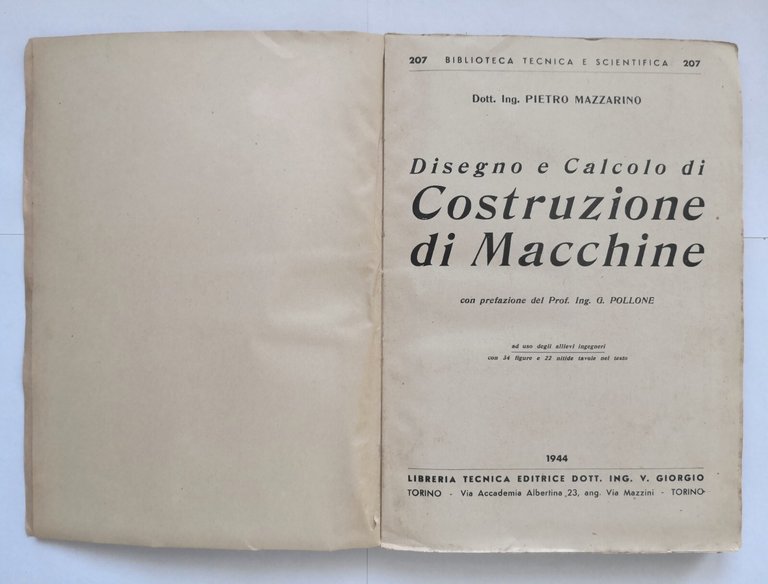 DISEGNO E CALCOLO COSTRUZIONE DI MACCHINE di Pietro Mazzarino 1944 …