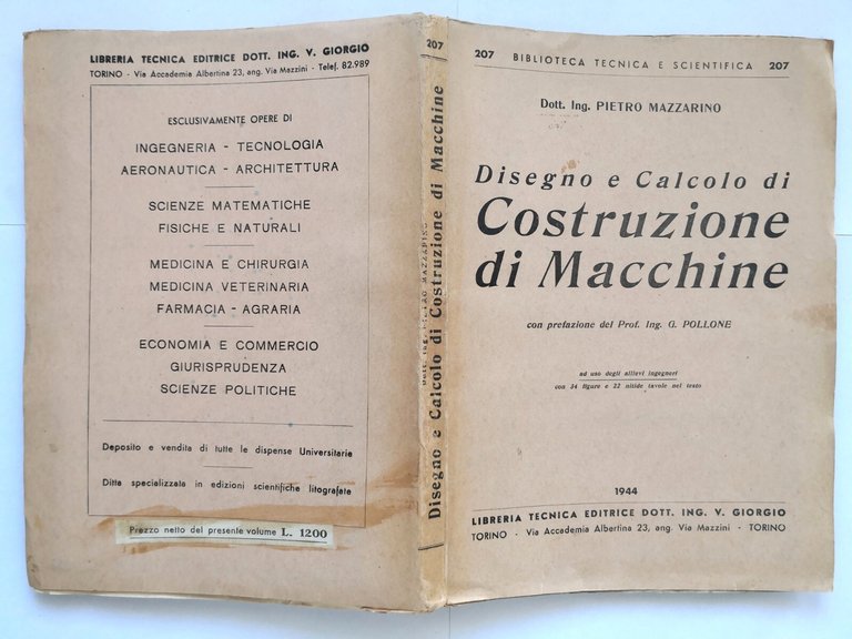 DISEGNO E CALCOLO COSTRUZIONE DI MACCHINE di Pietro Mazzarino 1944 …