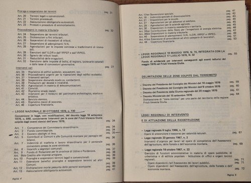 Disposizioni Primo Intervento Ricostruzione Friuli Sisma 1976 Terremoto Libro su