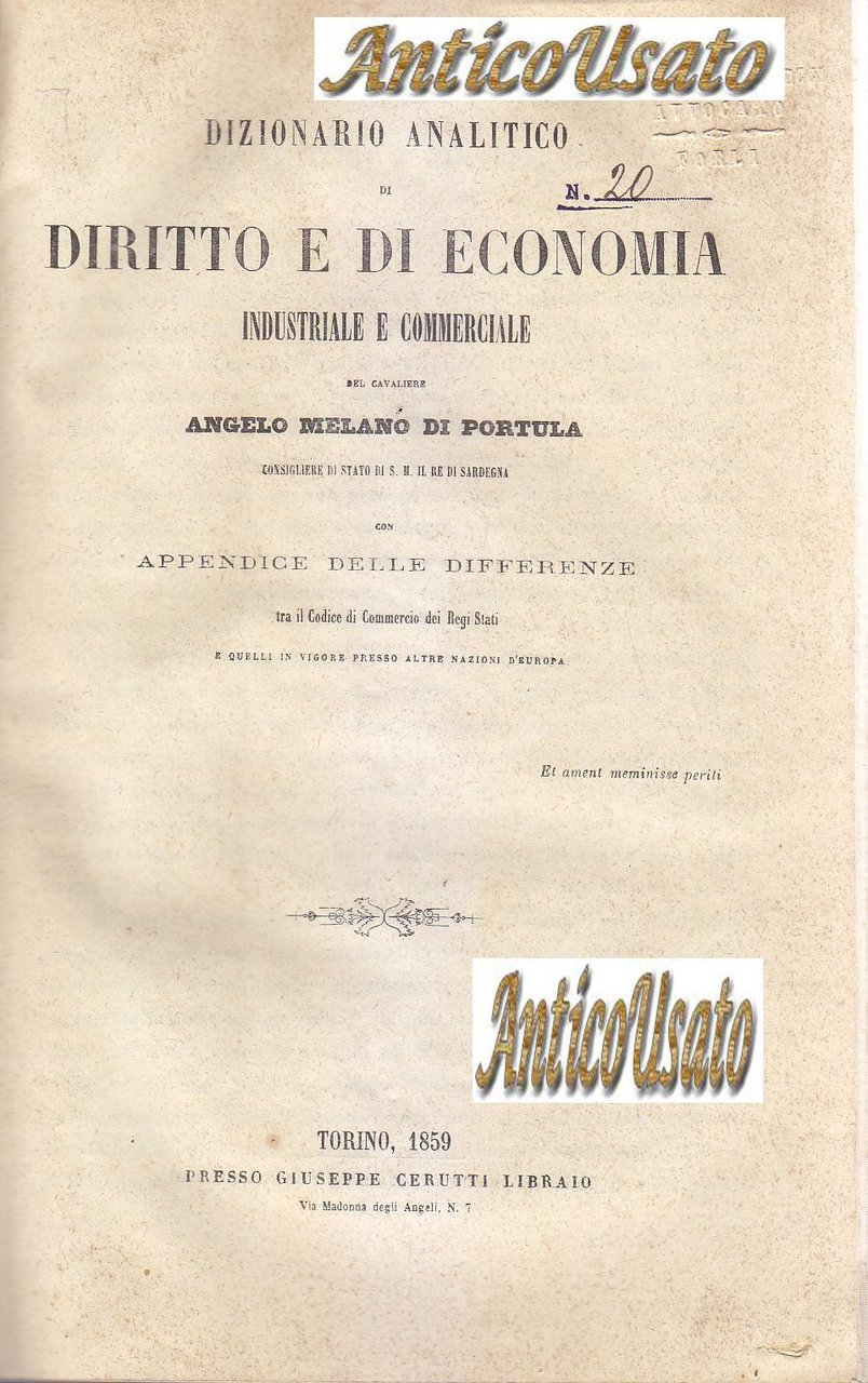 DIZIONARIO ANALITICO DIRITTO ECONOMIA INDUSTRIALE di Melano Portula 1859 Libro