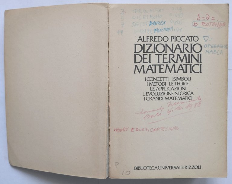 DIZIONARIO DEI TERMINI MATEMATICI di Alfredo Piccato 1987 Rizzoli Libro …
