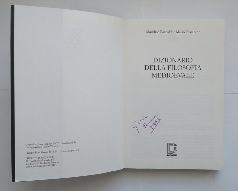 DIZIONARIO DELLA FILOSOFIA MEDIOEVALE di Pancaldi Trombino 2017 Diogene Libro