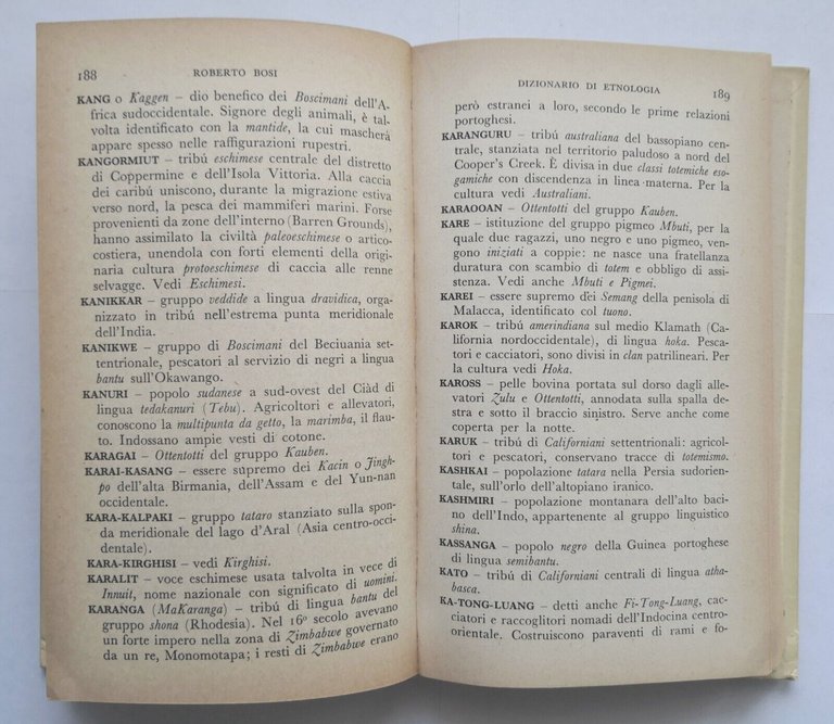 DIZIONARIO DI ETNOLOGIA di Roberto Bosi 1958 Mondadori