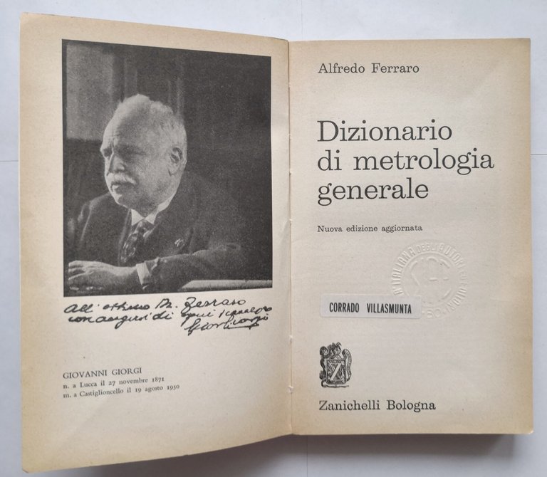 DIZIONARIO DI METROLOGIA GENERALE Alfredo Ferraro 1959 Zanichelli matematica