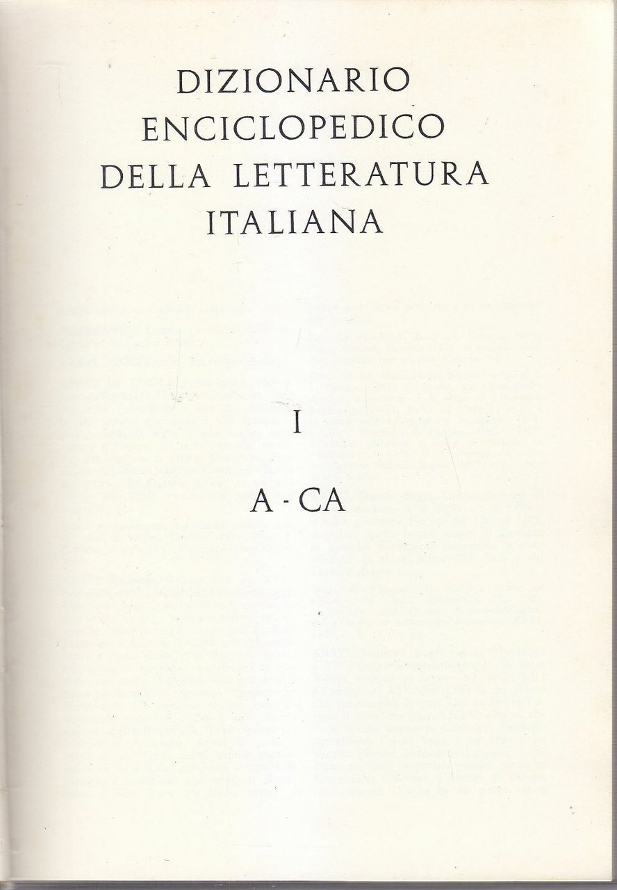 DIZIONARIO ENCICLOPEDICO DELLA LETTERATURA ITALIANA VOLUME 1 1968 Laterza Libro