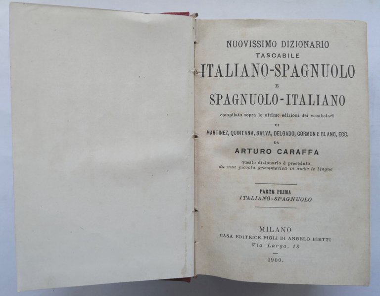 DIZIONARIO ITALIANO SPAGNUOLO ITALIANO di Caraffa 1900 Libro tascabile Lingua