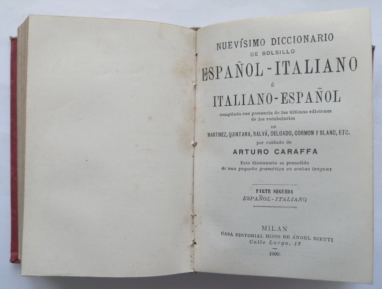 DIZIONARIO ITALIANO SPAGNUOLO ITALIANO di Caraffa 1900 Libro tascabile Lingua