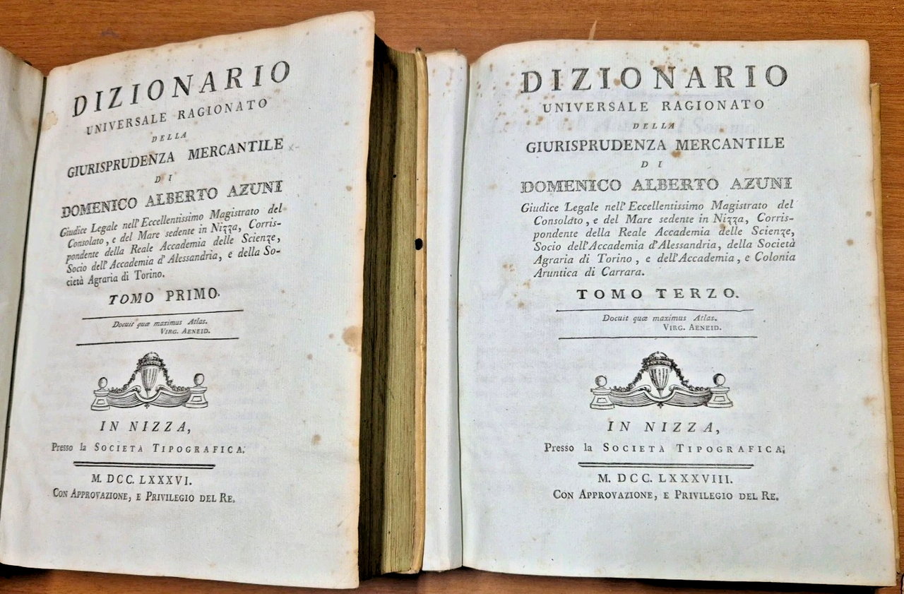 DIZIONARIO UNIVERSALE RAGIONATO DELLA GIURISPRUDENZA MERCANTILE di Azuni 1786