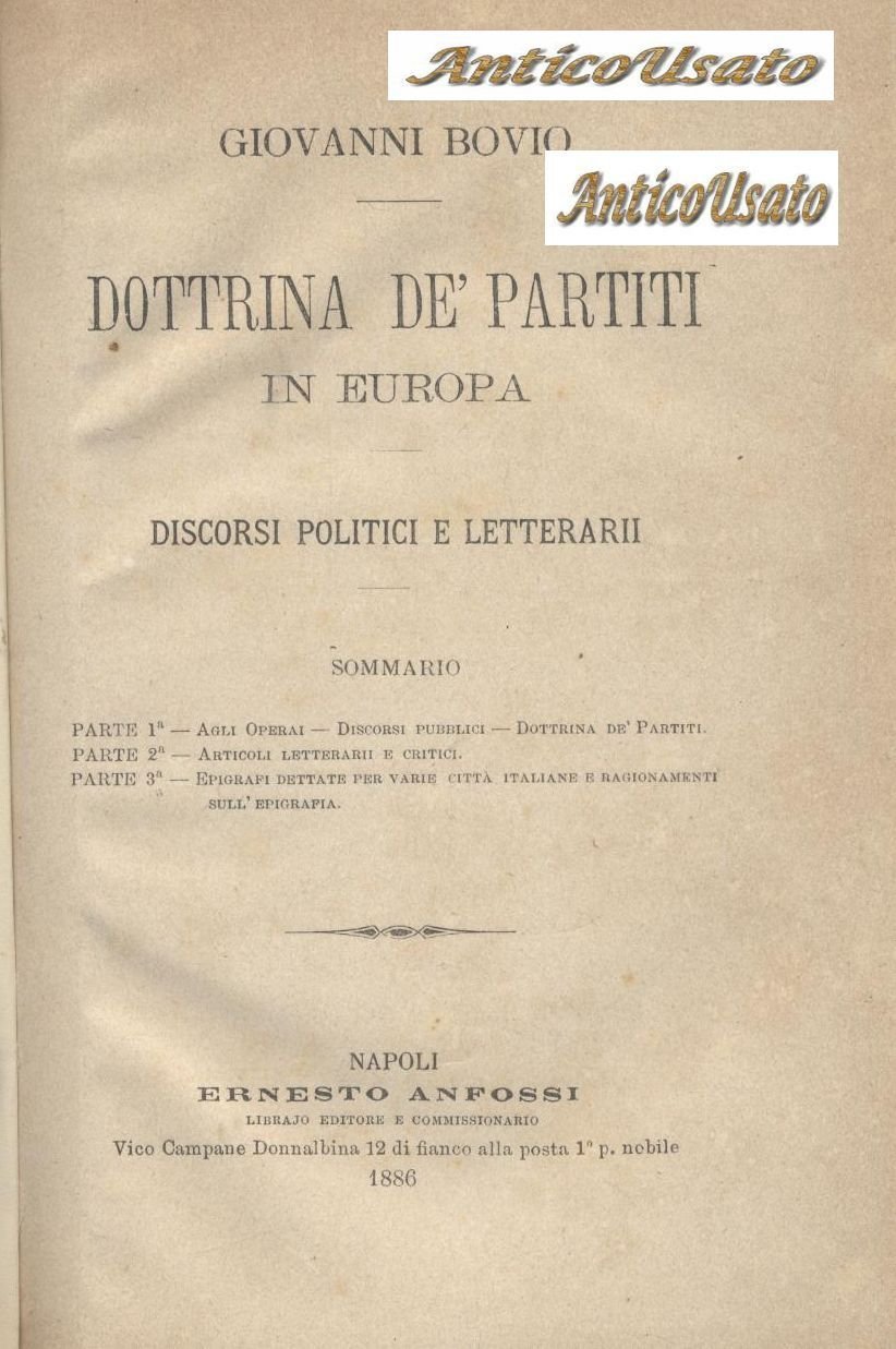DOTTRINA DE PARTITI IN EUROPA di Giovanni Bovio 1886 Anfossi …