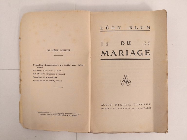 DU MARIAGE di Leon Blum 1937 Albin Michel editeur libro …