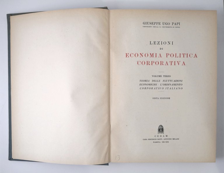 ECONOMIA POLITICA CORPORATIVA volume 3 di Giuseppe Ugo Papi 1941 …