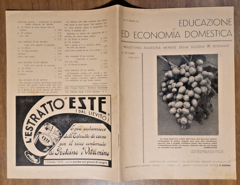 EDUCAZIONE DOMESTICA ED ECONOMIA Settembre 1936 Bollettino Scuola di Bergamo