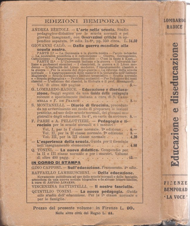EDUCAZIONE E DISEDUCAZIONE di Giuseppe Lombardo Radice 1923 Bemporad Voce …