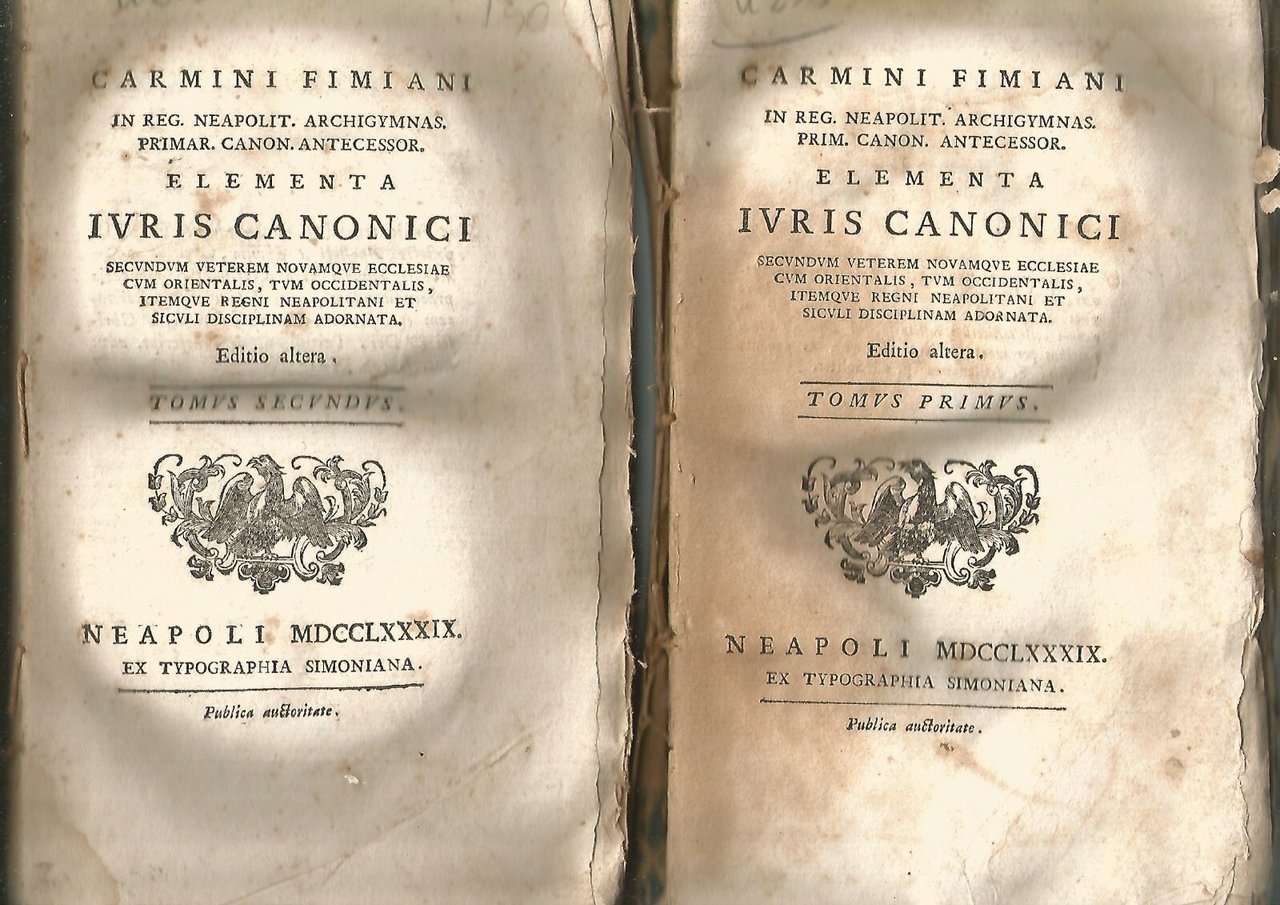 Elementa Iuris Canonici 2 volumi Carmine Fimiani 1789 Simoniana Libro …