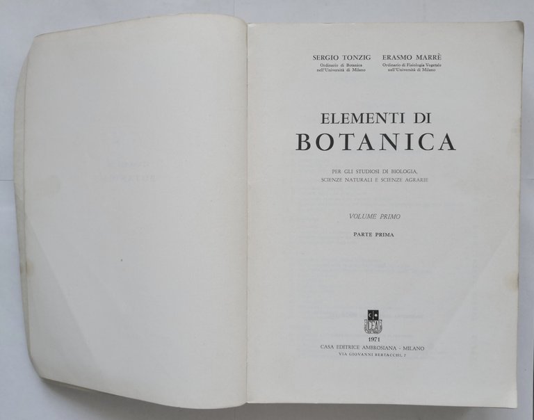 ELEMENTI DI BOTANICA volume 1 parte I di Tonzig Marrè …
