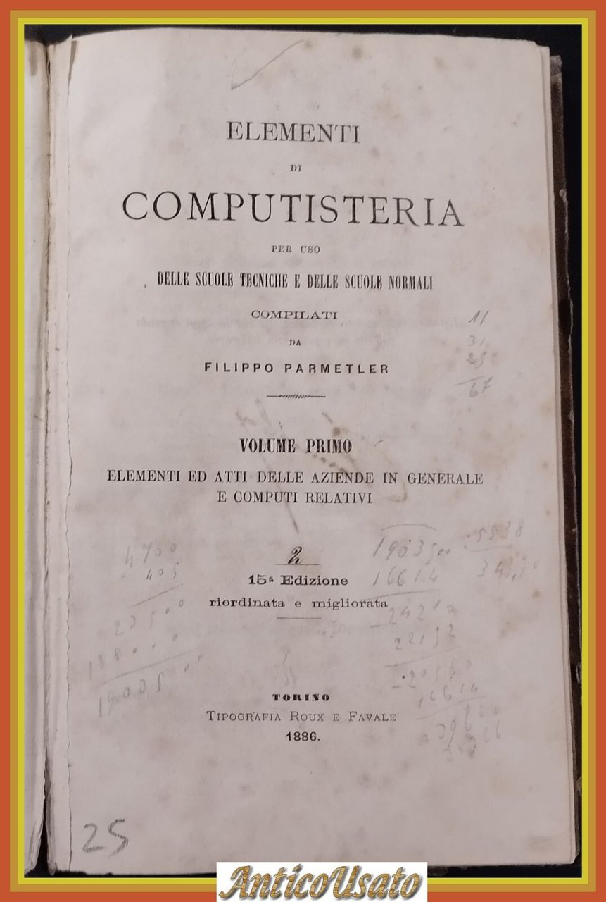 ELEMENTI DI COMPUTISTICA 3 VOLUMI IN 1 COMPLETO 1886 Roux …