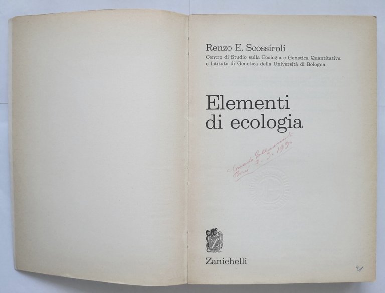 ELEMENTI DI ECOLOGIA di Renzo Scossiroli 1976 Zanichelli Libro