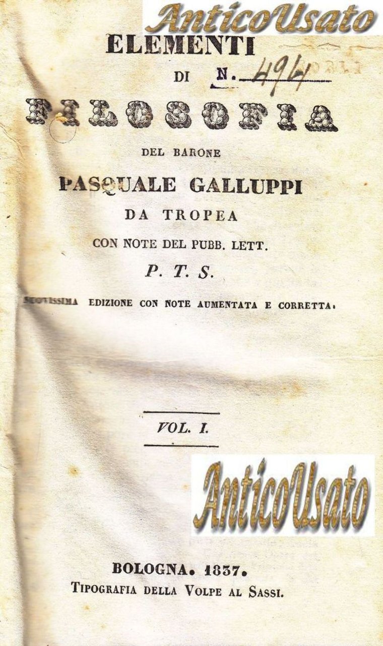 ELEMENTI DI FILOSOFIA 3 volumi di Pasquale Galluppi 1837 libro …