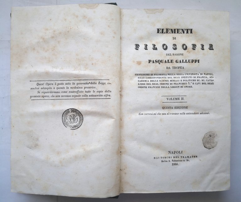 ELEMENTI DI FILOSOFIA di Pasquale Galluppi volume II 1846 Tramater …