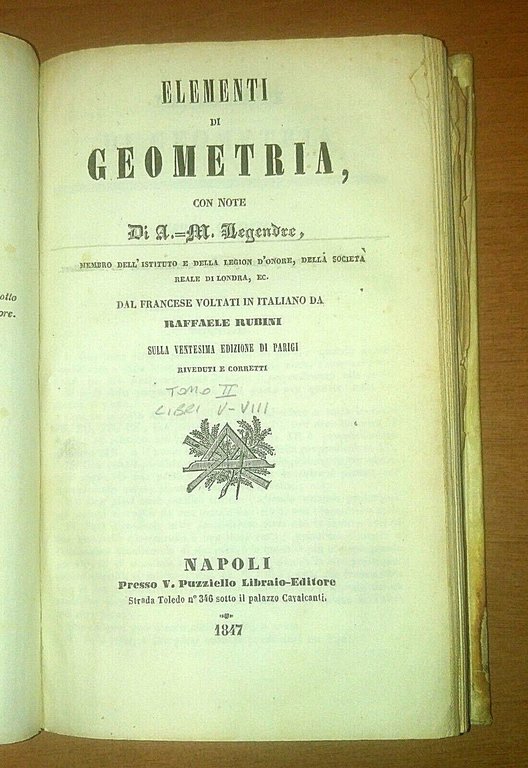 ELEMENTI DI GEOMETRIA Legendre 3 volumi in 1 1851 Puzziello …
