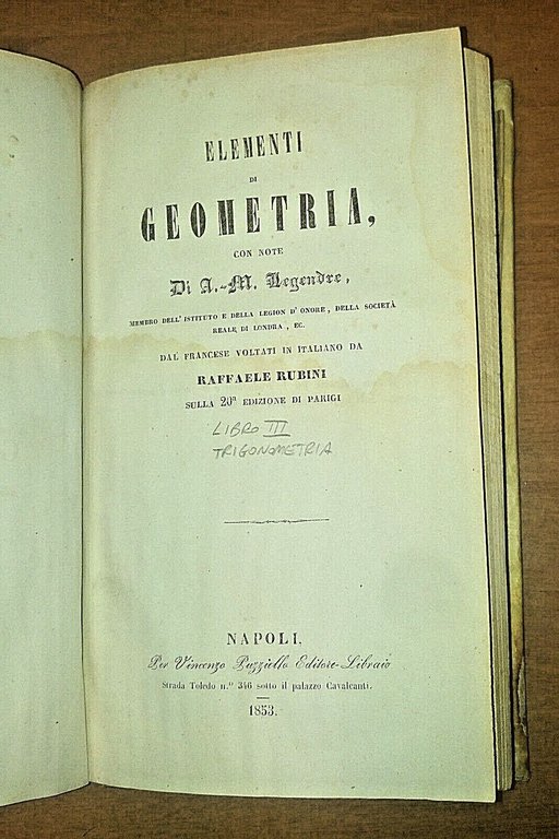 ELEMENTI DI GEOMETRIA Legendre 3 volumi in 1 1851 Puzziello …