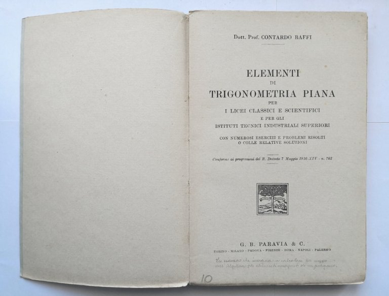 ELEMENTI DI TRIGONOMETRIA PIANA di Contardo Baffi 1941 Paravia libro …