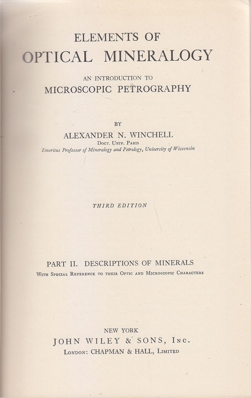 ELEMENTS OF OPTICAL MINERALOGY Volume 2 di Winchell 1948 John …