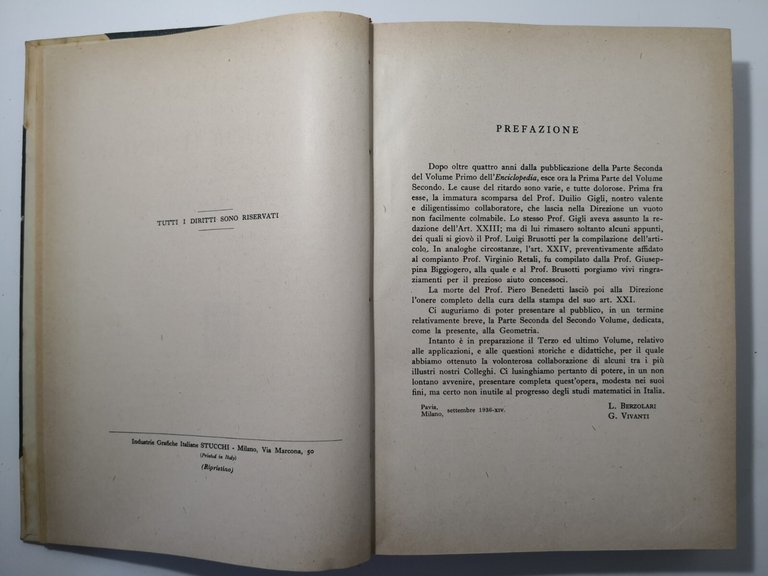ENCICLOPEDIA DELLE MATEMATICHE ELEMENTARI Volume II parte I 1943 Hoepli …