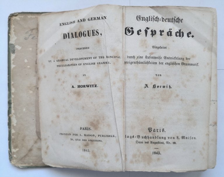 ENGLISH AND GERMAN DIALOGUES di Horwitz 1843 Maison libro antico …