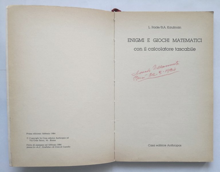ENIGMI E GIOCHI MATEMATICI CON IL CALCOLATORE TASCABILE 1984 Anthropos …