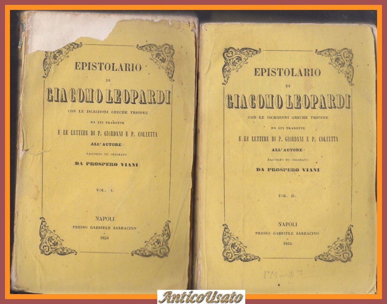 EPISTOLARIO di Giacomo Leopardi 1854 Sarracino 2 volumi libro antico …