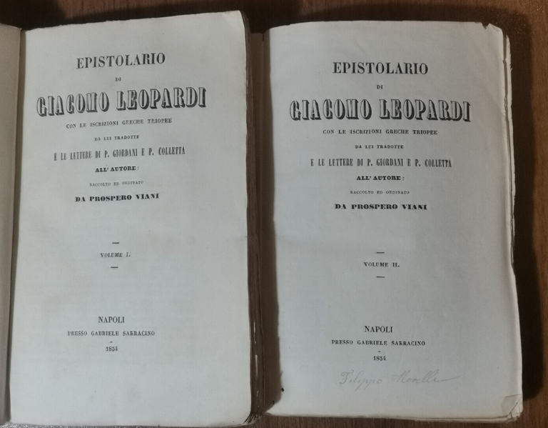 EPISTOLARIO di Giacomo Leopardi 1854 Sarracino 2 volumi libro antico …