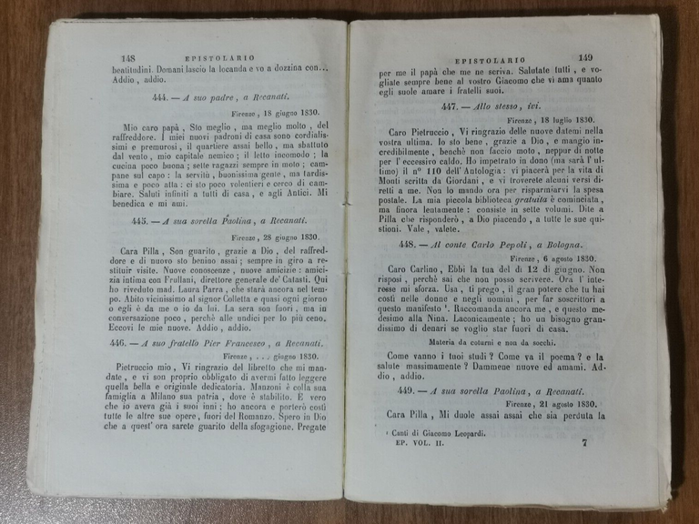 EPISTOLARIO di Giacomo Leopardi 1854 Sarracino 2 volumi libro antico …