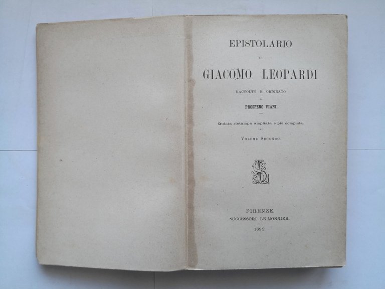 EPISTOLARIO DI GIACOMO LEOPARDI Viani volume 2 - 1892 Le …