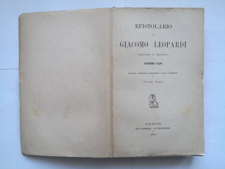 EPISTOLARIO DI GIACOMO LEOPARDI Viani volume 3 - 1892 Le …